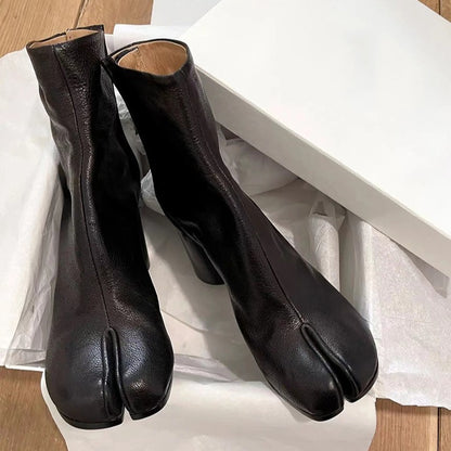 Retro Cowhide Split-Toe Chelsea Boots  Women's Block Heel Leather Boots