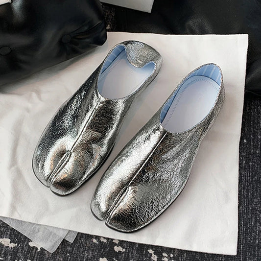 2025 Women's Burst Silver Tabi Ninja Shoes - Split Toe, PU Leather Flats